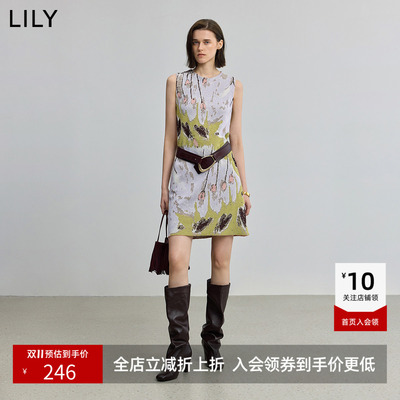 【商场同款】LILY秋新款女装全棉手绘提花休闲无袖圆领连衣裙
