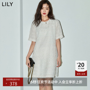 LILY2026夏新款女装简约肌理感气质通勤圆领白色短袖连衣裙小个子