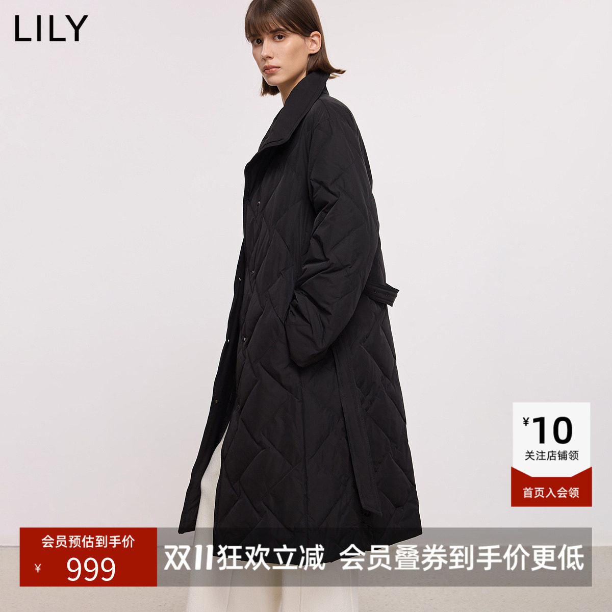 LILY冬新款女装复古立领翻领腰带收腰百搭通勤黑色羽绒服外套
