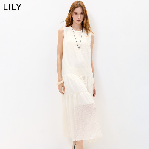LILY2026秋新款女装法式垂感A字休闲气质通勤白色无袖圆领连衣裙