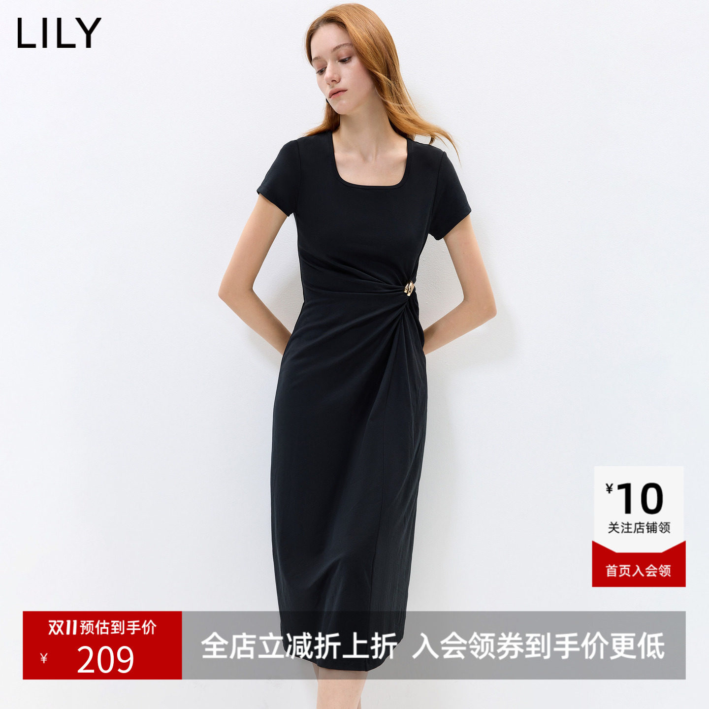LILY2026夏新款女装莱赛尔混纺方领不对称收腰气质纯色短袖连衣裙