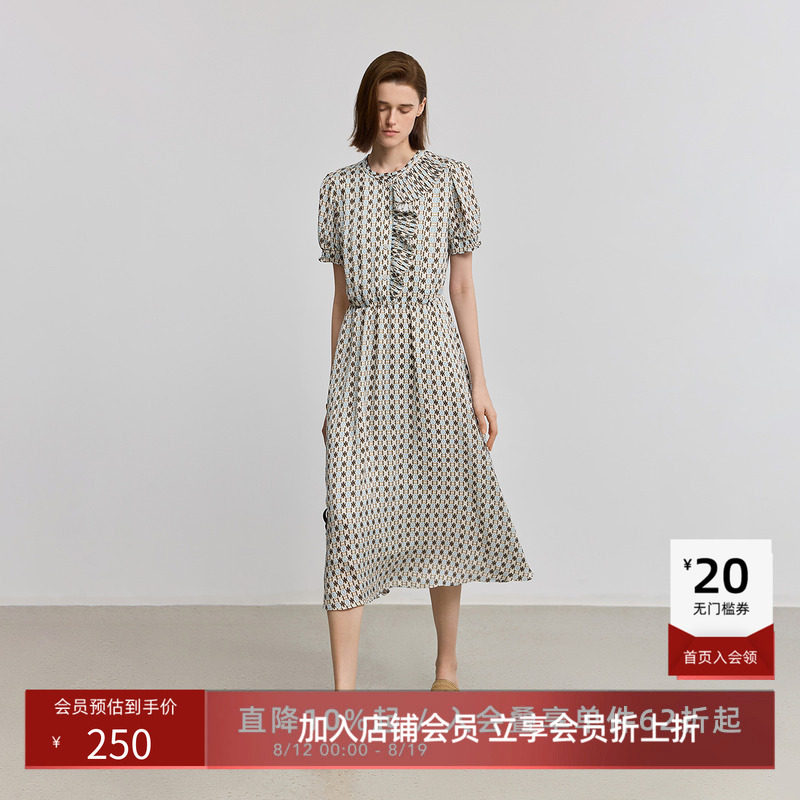 LILY夏新款女装复古印花法式荷叶边泡泡袖收腰连衣裙茶歇裙