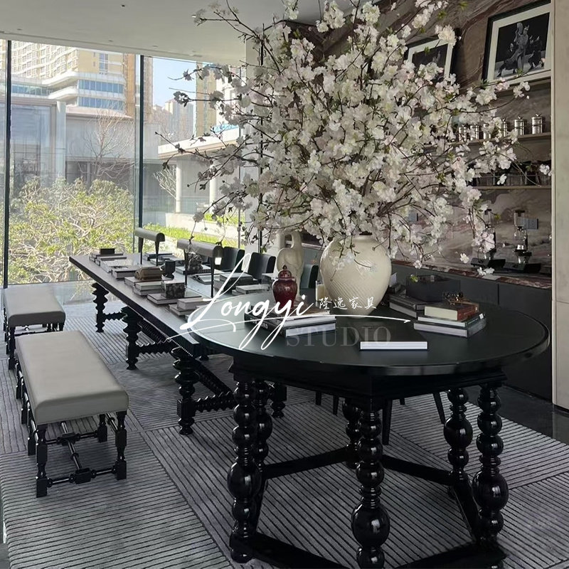 轻奢黑色实木圆桌仿古雕花长餐桌美式酒店客厅高端会议桌咖啡桌,住宅家具,实木餐桌,淘宝优惠券,粉丝福利购,淘宝优惠卷