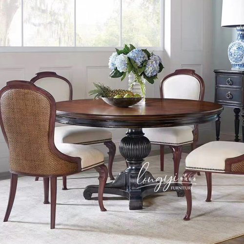 法式美式实木中古圆桌小户型复古做旧餐桌椅圆桌罗马柱实木大圆桌