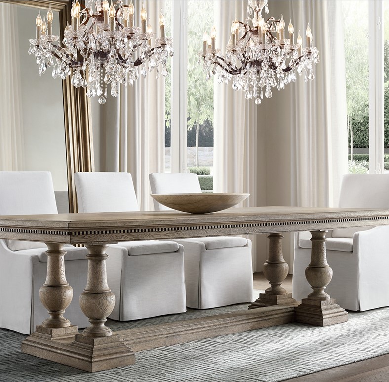 美式乡村实木做旧乡村法式长桌复古雕花多人长方形餐桌原木可定制