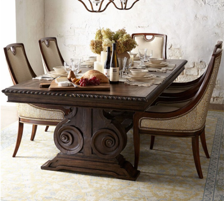 美式乡村实木餐桌复古轻奢小户型长方形饭桌橡木雕刻会议桌可定制