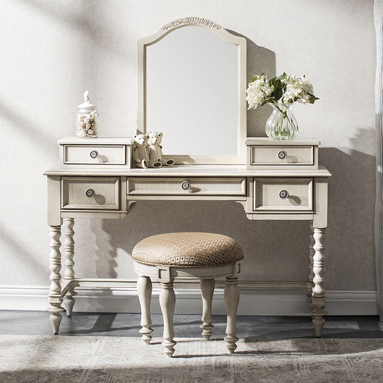 美式实木梳妆台复古法式欧式简约雕刻化妆台收纳轻奢白色带镜整装