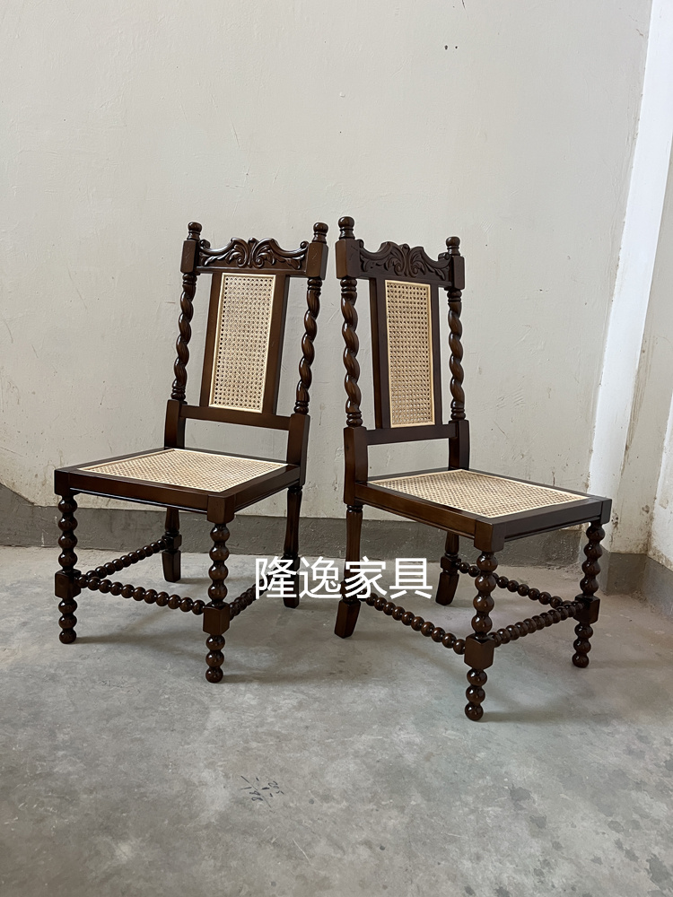 美式复古实木餐椅藤编高端原木设计椅子法式罗马柱设计餐桌椅定制