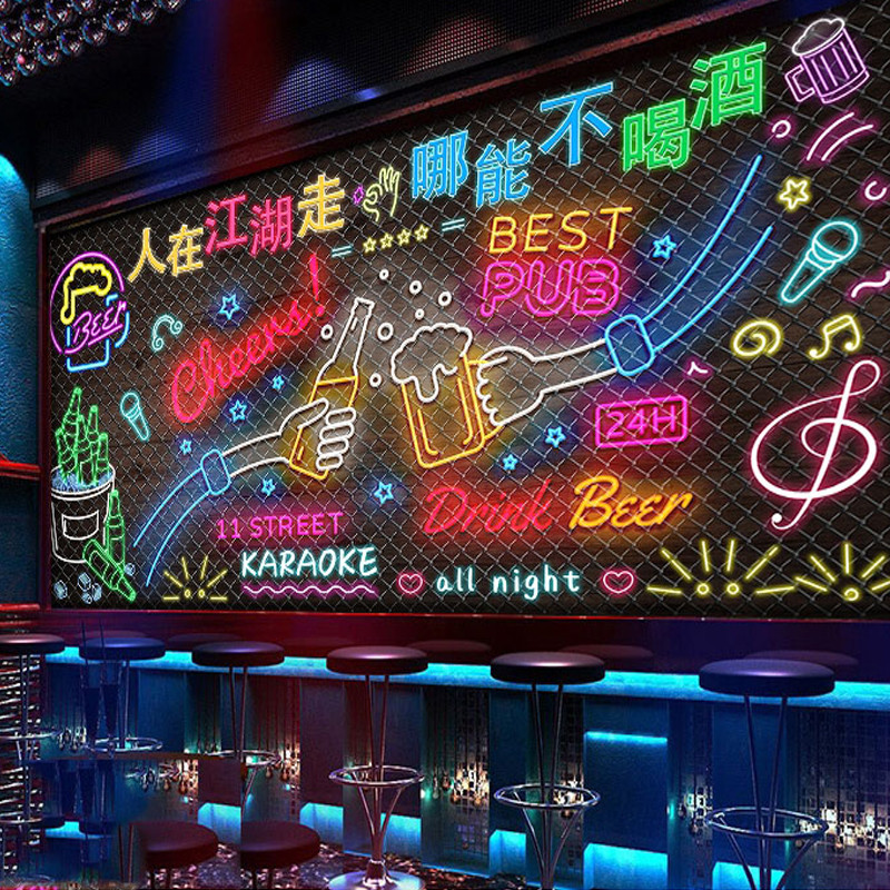 音乐主题餐厅酒吧墙纸仿霓虹灯背景墙布烧烤店清吧啤酒屋装修壁纸