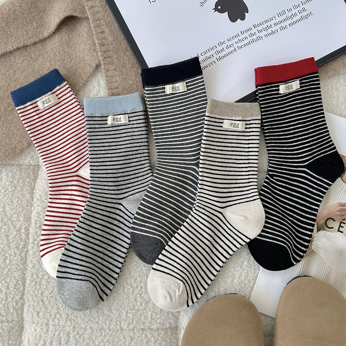 条纹布标袜子女中筒袜秋冬韩版百搭简约ins潮外穿字母运动长筒,女士内衣/男士内衣/家居服,中筒袜,淘宝优惠券,粉丝福利购,淘宝优惠卷