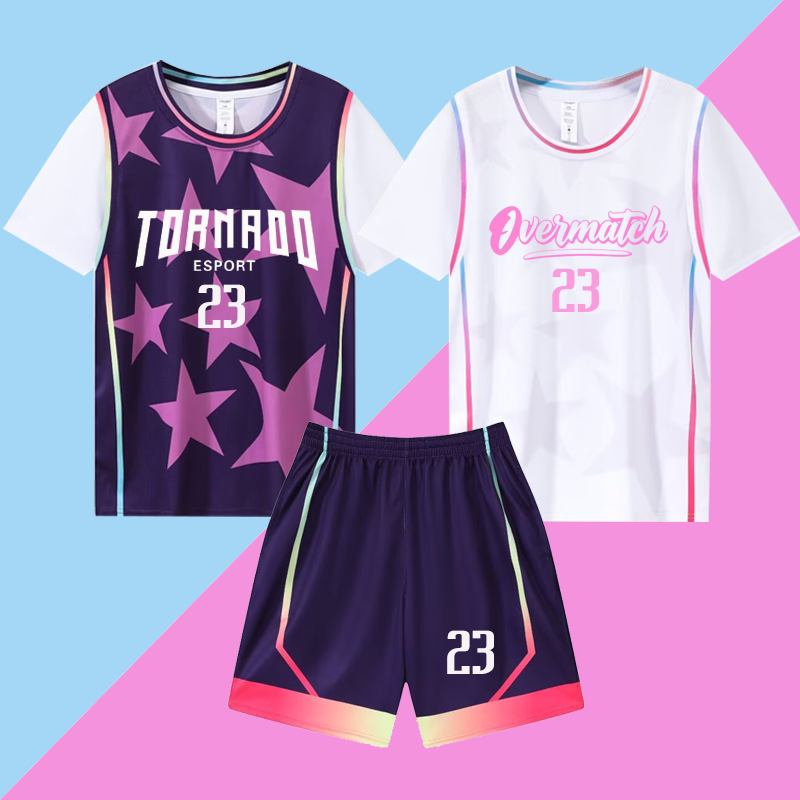 短袖篮球服套装女生儿童假两件篮球衣定制学生班级打比赛队服男生