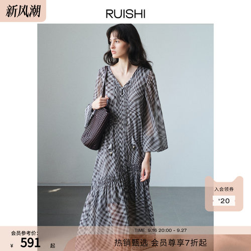RUISHI芮时“轻氧格律”格纹印花不规则裙摆灯笼袖长袖连衣裙女