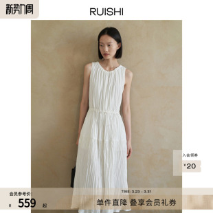 RUISHI芮时 连衣裙女夏 立体压褶肌理感A摆长裙凸显腰身显瘦无袖