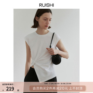 RUISHI芮时 100纯棉不规则设计感纽结宽肩圆领t恤无袖 上衣女夏季