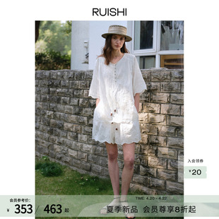 RUISHI芮时“绣光织影”莱赛尔混纺法式复古重工刺绣衬衫短裤套装