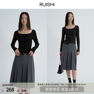 方领针织衫 RUISHI芮时 修身 68支精纺纱复古时髦粗坑条长袖 女春 衫