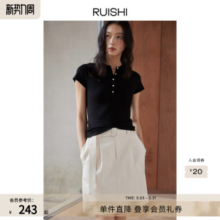 T恤女春季 显瘦上衣亨利领短袖 羊毛面料修身 RUISHI芮时