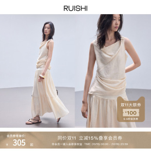RUISHI芮时 显瘦t恤女夏 亚麻细针提花纽结荡领上衣无袖