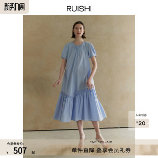 长裙子 肌理感抽褶a摆显瘦v领连衣裙女夏季 RUISHI芮时 复古花苞袖