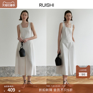 RUISHI芮时 简约裙摆开衩显瘦方领无袖长款连衣裙女夏季气球裙
