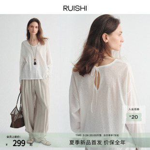T恤罩衫 棉麻混纺圆领系带条纹长袖 女夏 悠闲时光 RUISHI芮时