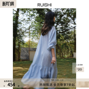 RUISHI芮时 珠光醋酸抽绳荡领垂感显瘦度假风A字连衣裙女夏季