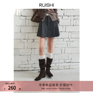 RUISHI芮时 羊毛混色花呢压褶a字短裙百搭半身裙女冬 智性腔调