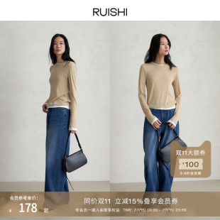 t恤女春夏 长袖 RUISHI芮时 醋酸莱赛尔混纺垂感显瘦圆领假两件薄款