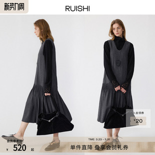 RUISHI芮时 背心裙A字显瘦连衣裙女冬 手工塔克褶羊毛混色V领无袖