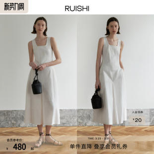 连衣裙女夏季 长款 气球裙 简约裙摆开衩显瘦方领无袖 RUISHI芮时