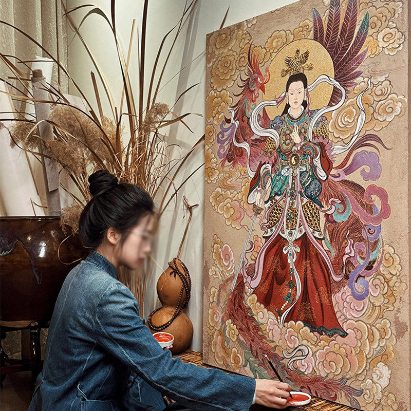 新中式九天玄女客厅装饰画佛堂敦煌壁画东方美学佛像招财镇宅挂画