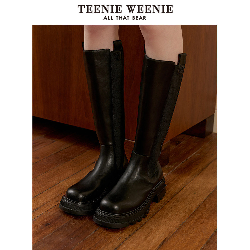 TeenieWeenie小熊奥莱秋季中长靴子学院风骑士靴女皮靴时