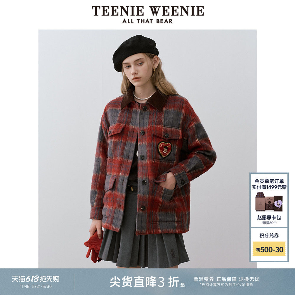 TeenieWeenie小熊奥莱格纹毛呢大衣冬季翻领可爱刺绣外套