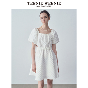 TeenieWeenie小熊奥莱夏新款 A字裙 法式 方领气质连衣裙泡泡袖