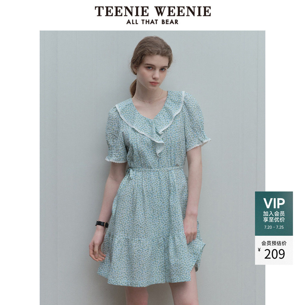 TeenieWeenie小熊奥莱荷叶边法式田园碎花连衣裙小个子裙子紫色女