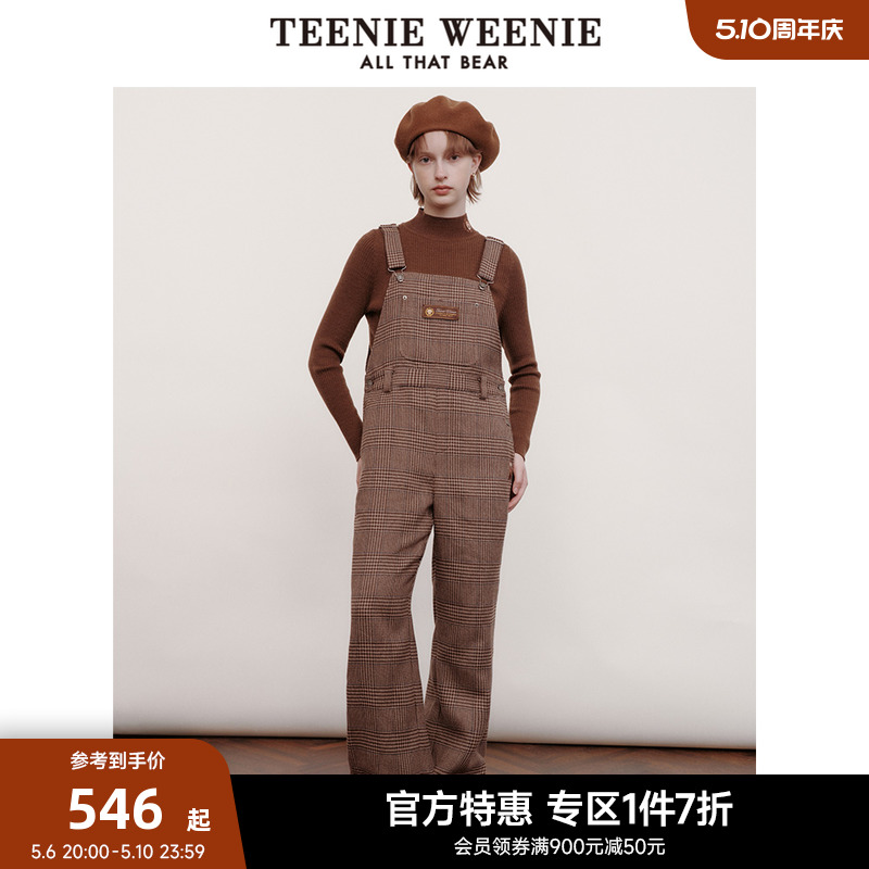 TeenieWeenie小熊奥莱春装学院风复古直筒格纹背带裤长裤子女