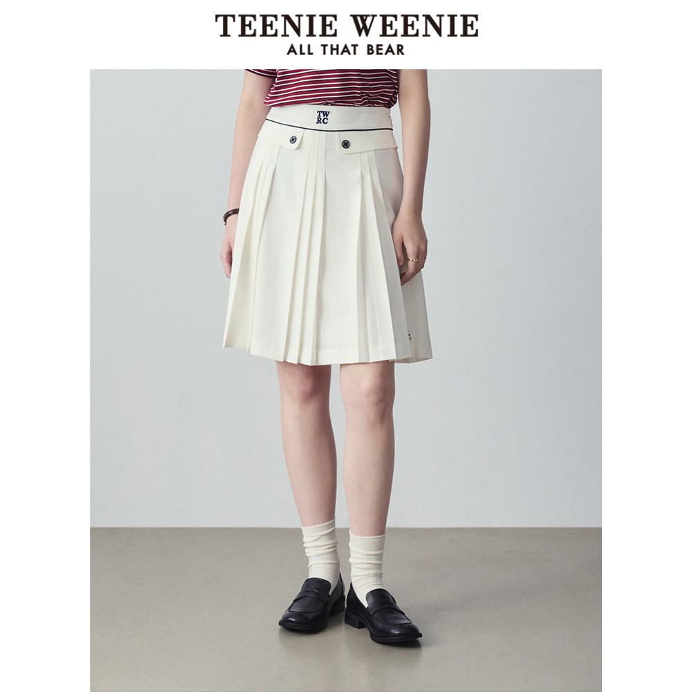 TeenieWeenie小熊奥莱夏海军风百褶裙中裙白色高腰A字裙