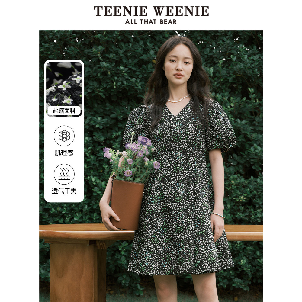 TeenieWeenie小熊奥莱V领满身印花连衣裙短裙子收腰A字