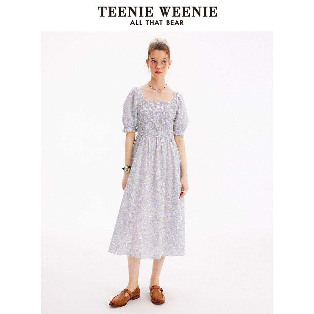 TeenieWeenie小熊奥莱夏季复古一字领甜美浪漫碎花连衣裙