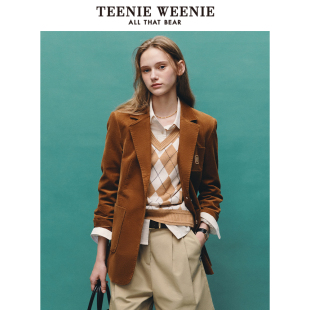 TeenieWeenie小熊奥莱冬装灯芯绒中长款西装外套学院风时髦女