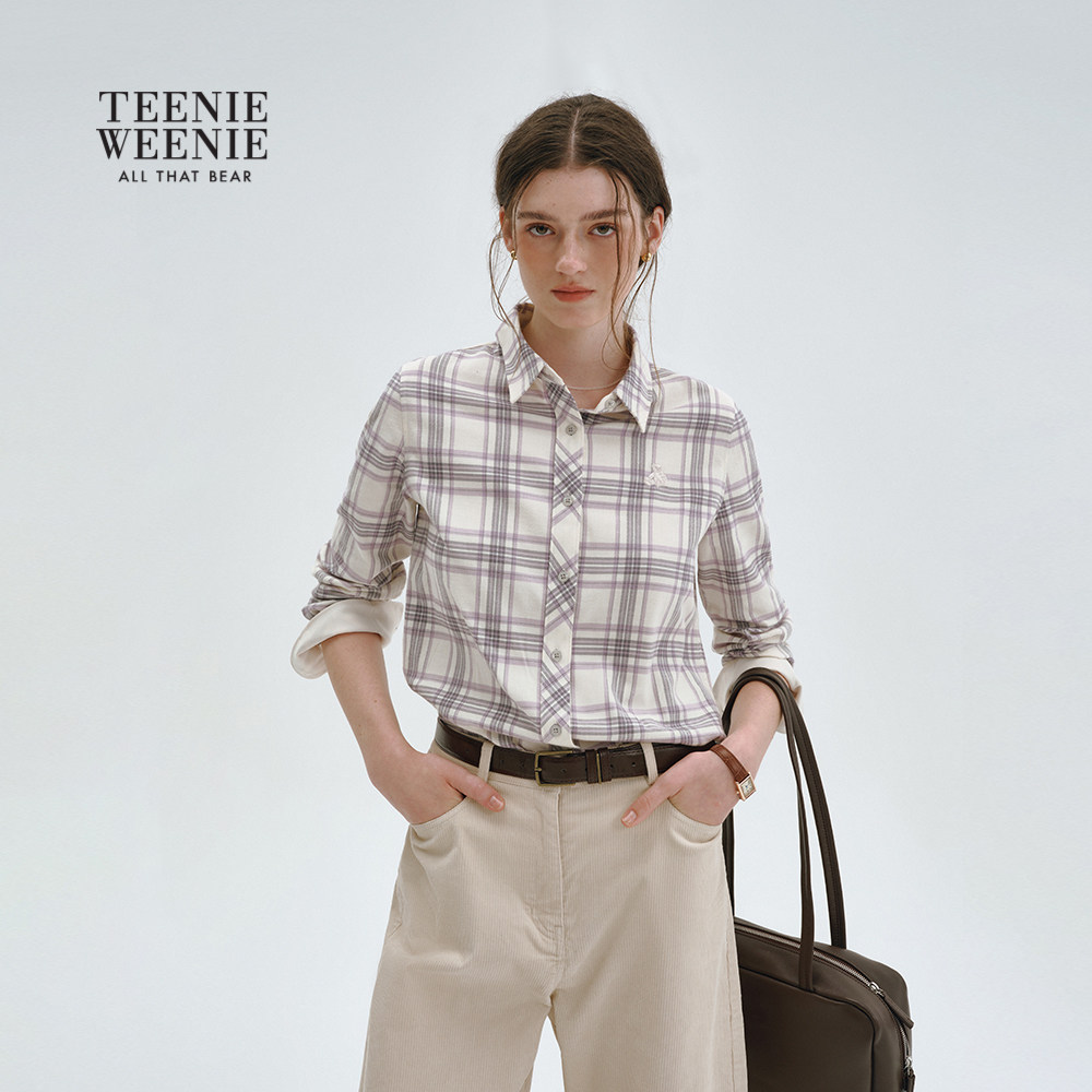 TeenieWeenie小熊女装衬衫上衣复古格纹时髦休闲刺绣长袖衬衣