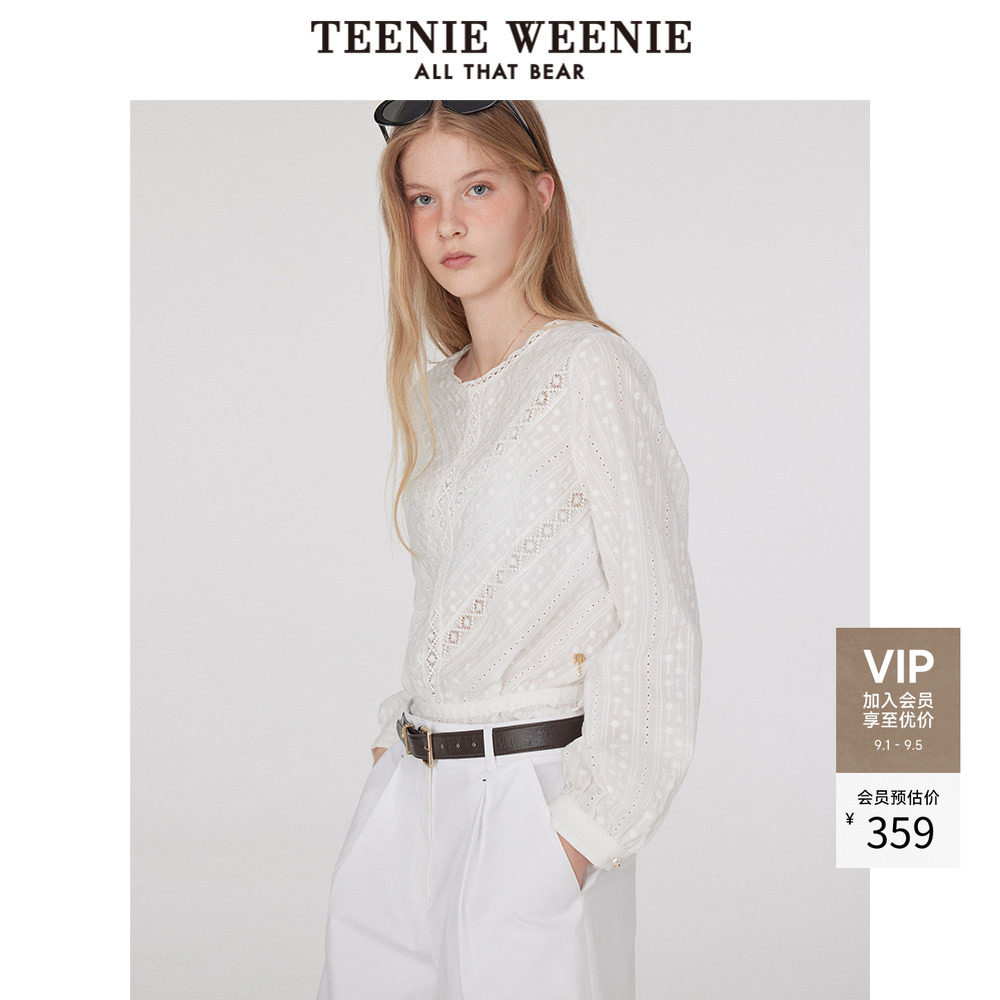 TeenieWeenie小熊白色衬衫夏季法式娃娃衫圆领蕾丝上衣女