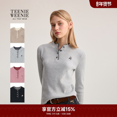 TeenieWeenie小熊奥莱毛针织衫2025冬新款休闲撞色亨利领套头毛衣