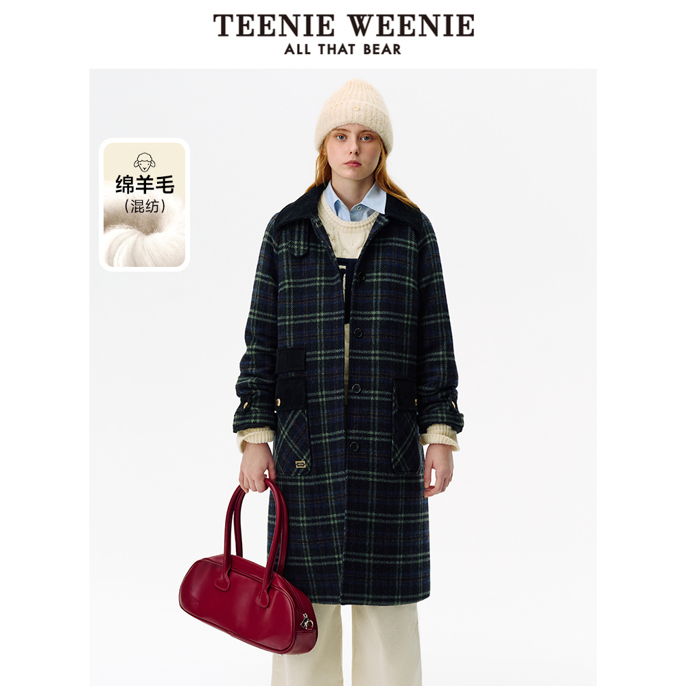 【反季清仓】TeenieWeenie小熊奥莱格纹毛呢大衣长款夹棉