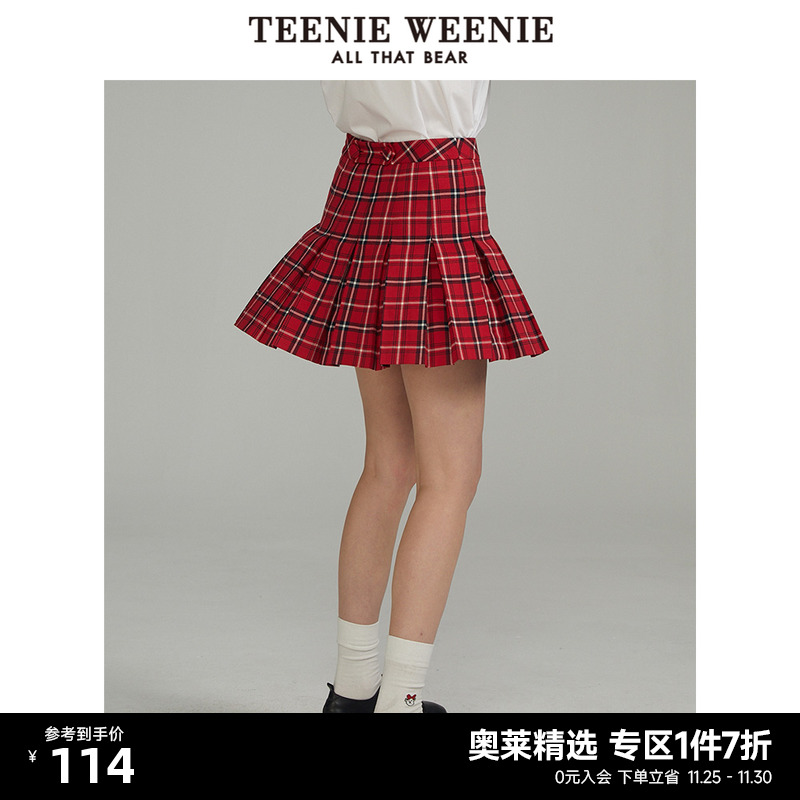 TeenieWeenie小熊格纹半身裙百褶修身裙子学院女年秋新款