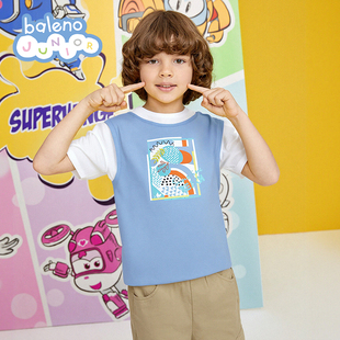 中性夏季 T恤装 2025新款 短袖 假两件百搭男女童 插肩袖 班尼路童装