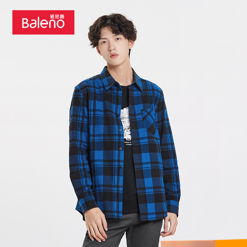班尼路男装秋季新款时尚休闲复古格子衬衣纯棉长袖男士衬衫外套