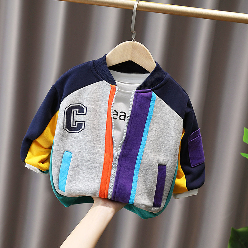 小童时髦拼接加绒外套男女童2025秋冬装宝宝棒球服儿童加厚夹克衫