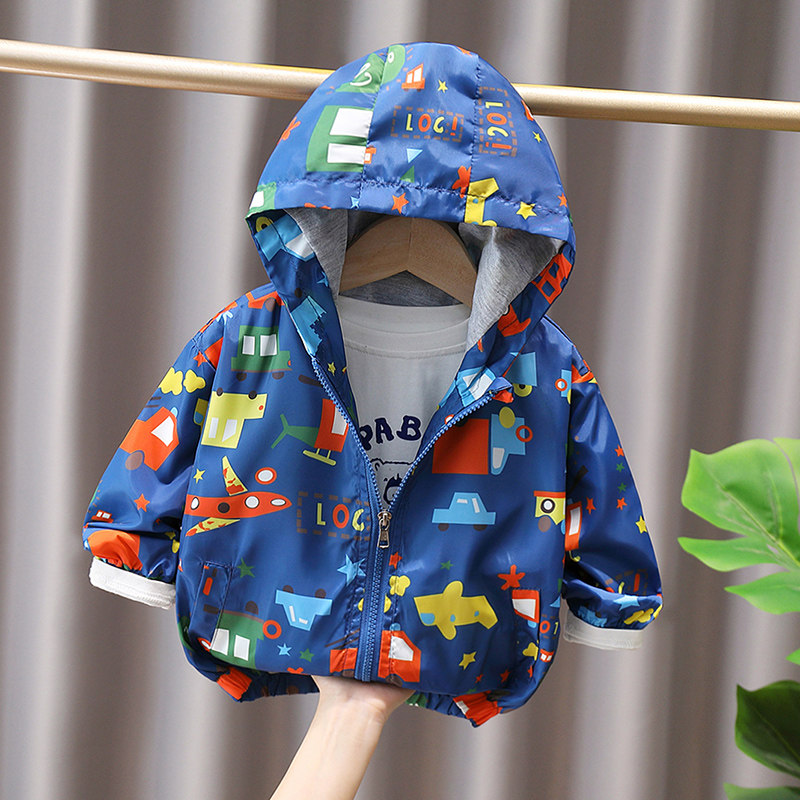 儿童可爱卡通汽车印花连帽外套男女童春秋装宝宝洋气风衣小童夹克