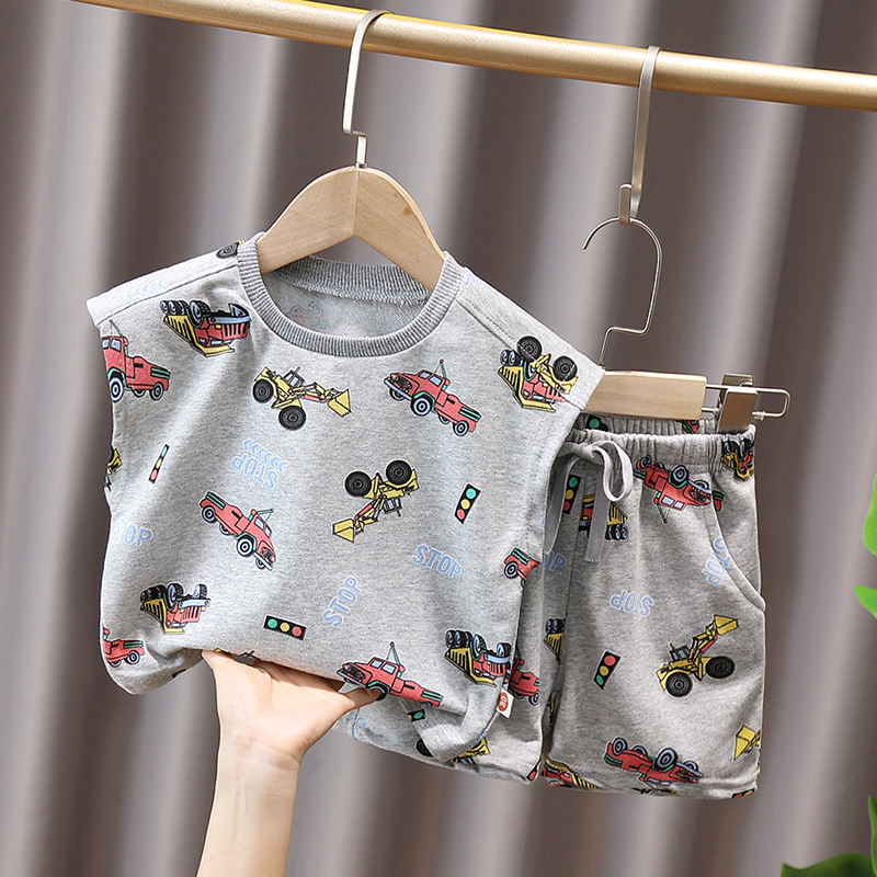 儿童炸街卡通满印短袖套装男女童2025夏季宝宝运动服小童两件套潮